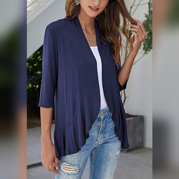 NEW Cardydony Lightweight Casual 3/4 Sleeve Open Front Navy Blue Cardigan Large - Picture 2 of 9